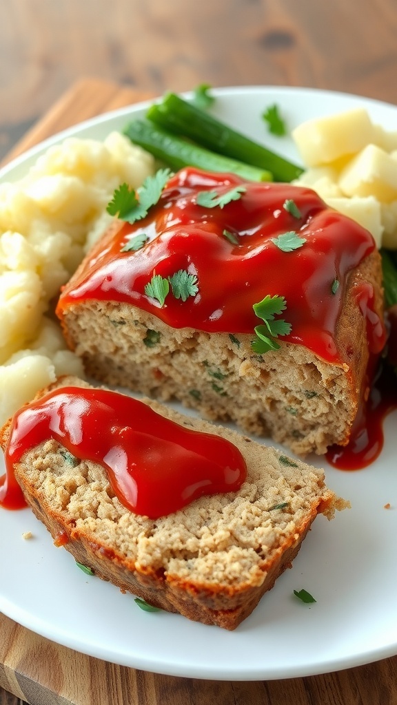 Sliced garlic parmesan chicken meatloaf topped with ketchup, served with mashed potatoes and vegetables.
